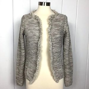 Cozy Open-Front Heather Gray Cardigan with Fuzzy Trim